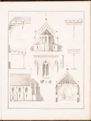 Evangelische Kirche, Lauenburg: Choransicht, Seitenansicht, Querschnitt, sechs Details (aus: Entwürfe zu Kirchen, Pfarr- und Schulhäusern, hrsg. von der Kgl. Preuß. Oberbaudeputation, 1845-1855)
