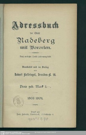 1903/04: Adressbuch der Stadt Radeberg mit Vororten