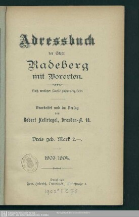 1903/04: Adressbuch der Stadt Radeberg mit Vororten