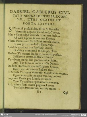 Gabriel Gablerus Civitatis Neogardensis Praeconsul, Ictus, Orator Et Poëta Eximinus