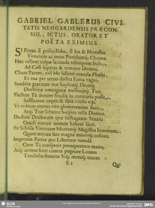Gabriel Gablerus Civitatis Neogardensis Praeconsul, Ictus, Orator Et Poëta Eximinus