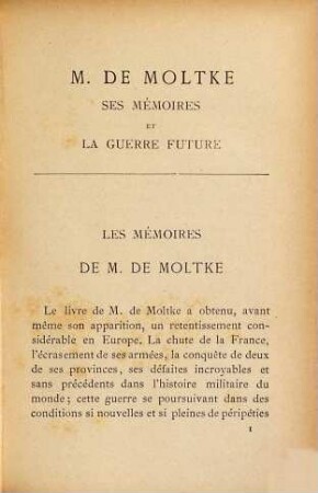 M. de Moltke ses mémoires et la guerre future