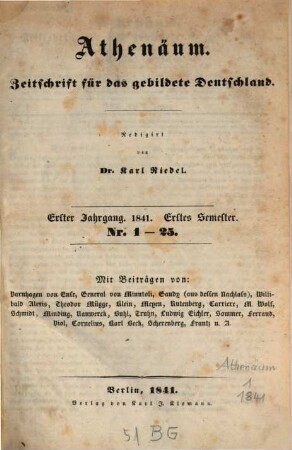 Athenaeum : Zeitschr. für d. gebildete Deutschland. 1. 1841