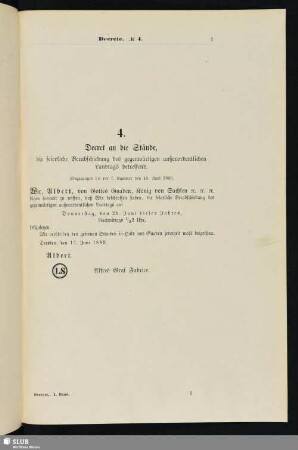 4. Decret an die Stände, die feierliche Verabschiedung des gegenwärtigen außerordentlichen Landtags betreffend