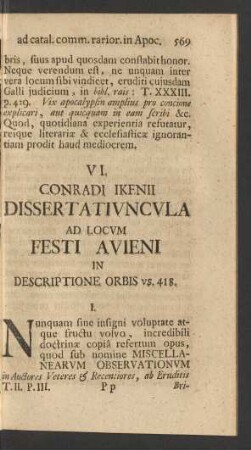 VI. Conradi Ikenii Dissertatiuncula Ad Locum Festi Avieni In Descriptione Orbis Vs. 418.