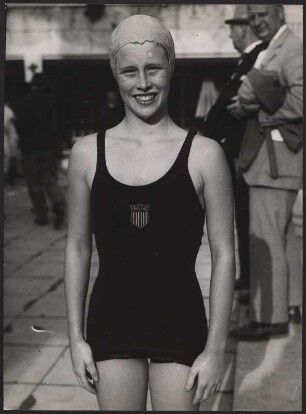 Olympiasiegerin im Kunstspringen vom 3-m-Brett der Frauen 1936 in Berlin, Marjorie Gestring mit 13 Jaahren und 266 Tagen