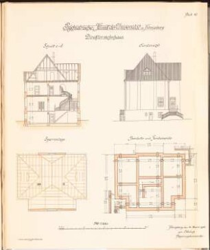 Psychiatrische Klinik der Albertus-Universität Königsberg: Direktorwohnhaus: Schnitt, Nordansicht, Grundrisse DG, Fundamente 1:100