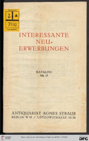 Nr. 17: Katalog: Interessante Neuerwerbungen