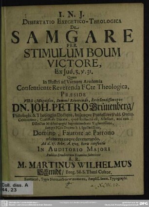 Dissertatio Exegetico-Theologica De Samgare Per Stimulum Boum Victore : Ex Jud. 3. v. 31.