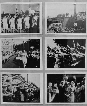 Ausstellungstafel mit Szenen aus dem Dokumentarfilm "Das olympische Feuer in Dresden", 1936. Dresden, Galerie Nord. Ausstellung "Borchert, Christian, Dresden - Bilder aus Dokumentarfilmen 1913–1949"