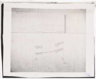 Stadion Oberwiesenfeld, München: Mappe. Ostansicht mit Ansicht Turm und Haupteingang, 2 Grundrisse Haupteingang (EG und 1.OG)