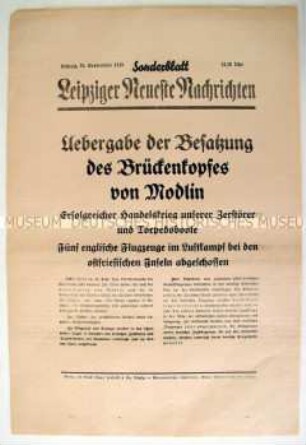Sonderblatt der "Leipziger Neuesten Nachrichten" zur Einnahme des Brückenkopfes Modlin