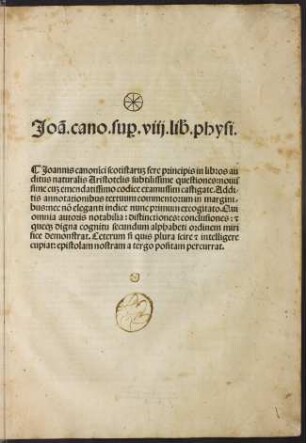 Joa[nnis] Cano[nici] Sup[er] VIII [octo] lib[ros] physi[corum] [Aristotelis]