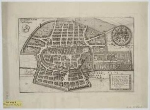 Vogelschauplan von Stuttgart, Radierung, um 1643 : Die Fürst[liche] Statt Stuetgart. - [Frankfurt] , [ca. 1643]. - 1 Vogelschauplan : Radierung ; 32 x 21 cm NNW oben. - Titel im Kartenfeld oben links. - Ohne Kt.-Netz. - Windrose unten rechts. - Mit 2 Wappen. - Mit Gebäudeverzeichnis