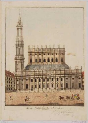 Seitenansicht der Katholischen Hofkirche in Dresden, Blick nach Süden vom Theaterplatz, mit beigefügtem Blatt mit Beschreibungen zum Bau der Katholischen Hofkirche