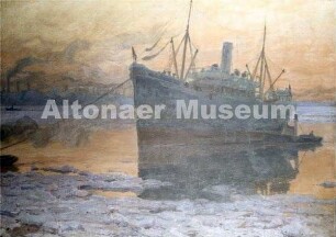 Aufkommender Dampfer am Winterabend (Hamburger Hafen)
