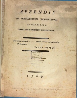 Appendix in Praefationem Bandinianam ad Catalogum Bibliothecae Mediceo-Laurentianae