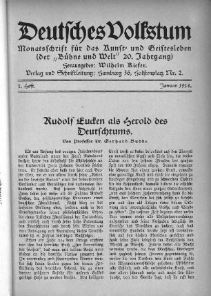 Rudolf Eucken als Herold des Deutschtums. Von Professor Dr. Gerhard Budde.
