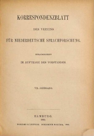 Korrespondenzblatt des Vereins für Niederdeutsche Sprachforschung. 7. 1882