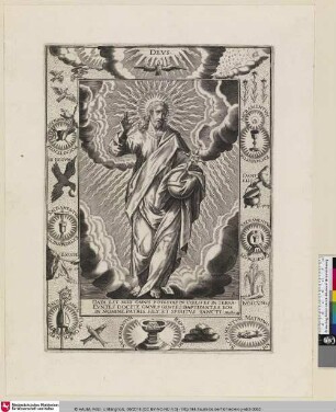 DEUS [Jesus als Weltenrichter umgeben von einem Rahmen mit Attributen der christlichen Religion]