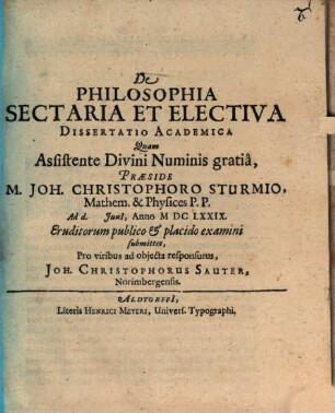 De Philosophia Sectaria Et Electiva Dissertatio Academica