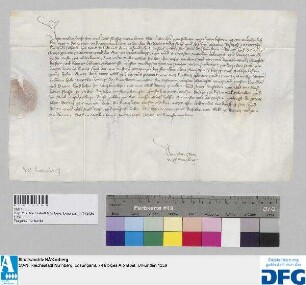 Der Rat der Stadt Nürnberg benachrichtigt den Edlen Herrn Albrechten zu Puttendorf, dass er den Meister Johannsen Marquardi in Sachen des vom Bischof Johann von Würzburg neuaufgerichteten Weinzolles in Franken an den kgl. Hof sende und bittet um seine Unterstützung.