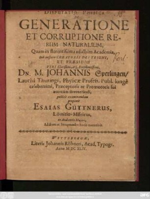 Disputatio Physica De Generatione Et Corruptione Rerum Naturalium