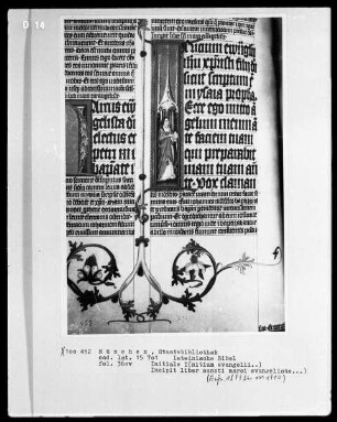 Lateinische Bibel — Initiale I (nitio evangelii), darin der Evangelist Markus; Zierleiste im Intercolumnium, Folio 360verso