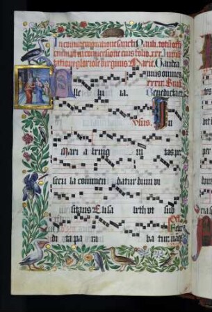 Zierseite mit Bordürenrahmen, Initiale: A(lleluia), Miniatur: Heimsuchung Maria und Elisabeth