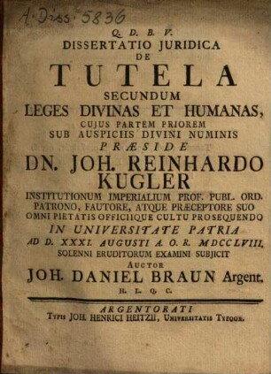 Dissertatio Iuridica De Tutela Secundum Leges Divinas Et Humanas
