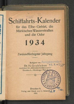 52.1934: Schiffahrts-Kalender für das Elbe-Gebiet und die Märkischen Wasserstrassen