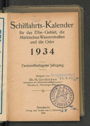 52.1934: Schiffahrts-Kalender für das Elbe-Gebiet und die Märkischen Wasserstrassen