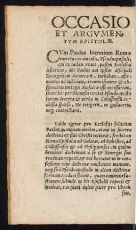 Occasio Et Argumentum Epistolae.