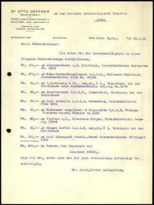 Schreiben; O. Deffner an DAI Athen (erbetene Überweisungen)