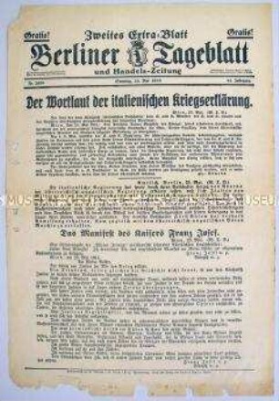 Extra-Blatt des "Berliner Tageblatt" zum Kriegseintritt von Italien (Zweites Extra-Blatt)