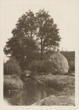 Mark Brandenburg. Spreewaldlandschaft bei Alt-Zauche. Ansicht eines Fließes. In der Bildmitte ein Heuschober. Im Hintergrund Erlen