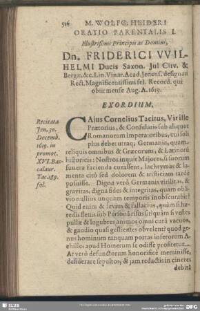 Oratio X. Oratio Parentalis I. Illustrißimi Principis ac Domini, Dn. Friderici VVilhelmi Ducis Saxon. Iul. Cliv. & Bergae, &c. Lin. Vinar. Acad. Ienens. designati Rect. Magnificentissimi fel. Record. qui obiit mense Aug. A. 1619