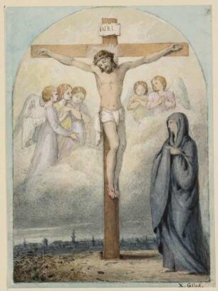 Maria am Kreuz vor einer Stadtsilhouette