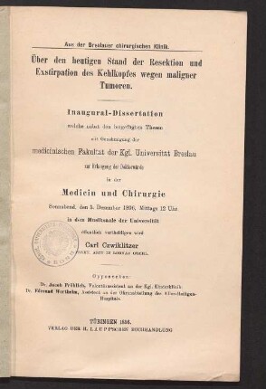 Über den heutigen Stand der Resektion und Exstirpation des Kehlkopfes wegen maligner Tumoren
