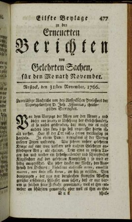 Eilfte Beylage. Rostock, den 31sten November, 1766