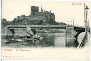 Meißen. Burgberg, Brücke, Elbe mit Dampfer Kronprinz