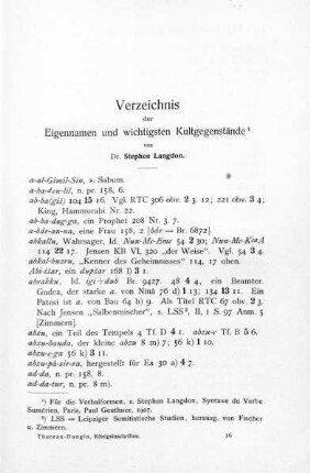 241-275, Verzeichnis der Eigennamen und wichtigsten Kultgegenstände von Dr. Stephen Langdon