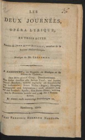 Les Deux Journées : Opéra Lyrique, En Trois Actes