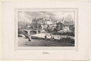 Stadtansicht von Colditz an der Zwickauer Mulde mit dem Renaissanceschloss vom Ufer im Südwesten, aus der Zeitschrift Saxonia 1836