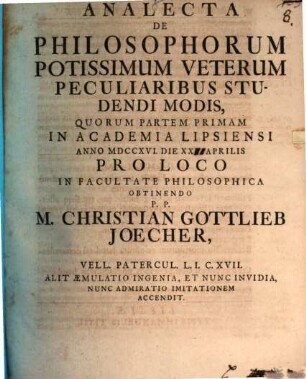 Analecta de philosophorum, potissimum veterum, peculiaribus studendi modis. Pars I. (1716)