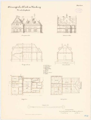 Chirurgische Klinik der Philipps-Universität Marburg: Wirtschaftsgebäude: Grundriss Erdgeschoss, Dachgeschoss, Aufriss Vorderansicht, Seitenansicht, Längsschnitt, Querschnitt 1:100