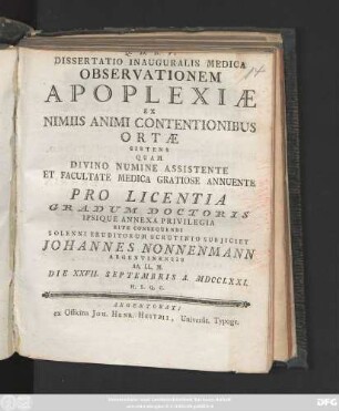 Dissertatio Inauguralis Medica Observationem Apoplexiæ Ex Nimiis Animi Contentionibus Ortæ Sistens