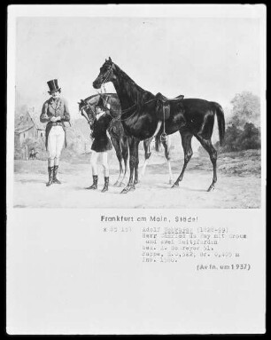 Herr Charles du Fay mit seinem Groom und seinen zwei englischen Reitpferden Cobbes und Gailad