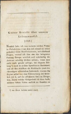 Kurzer Bericht über unsern Lebenswandel
