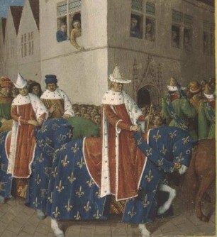 Grandes Chroniques de France — König Karl IV., seine Brüder und die Vertrauten verlassen das Palais, um Karl V. entgegenzureiten, Folio 445 verso